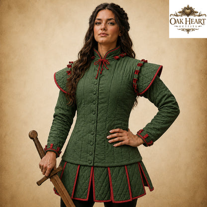 Women's Medieval Gambeson – White Quilted Padded Armor Jacket with Red Trim
