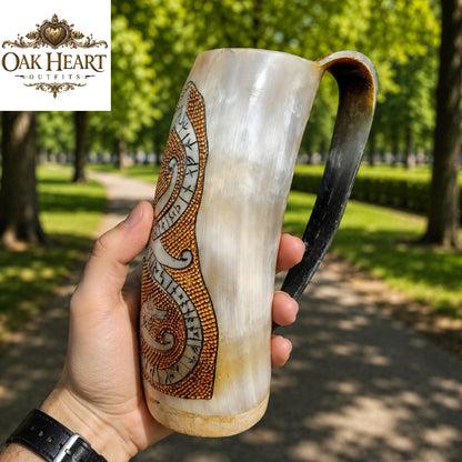 Viking Horn Mug with Handle – Norse Rune Engraved Drinking Horn Tankard