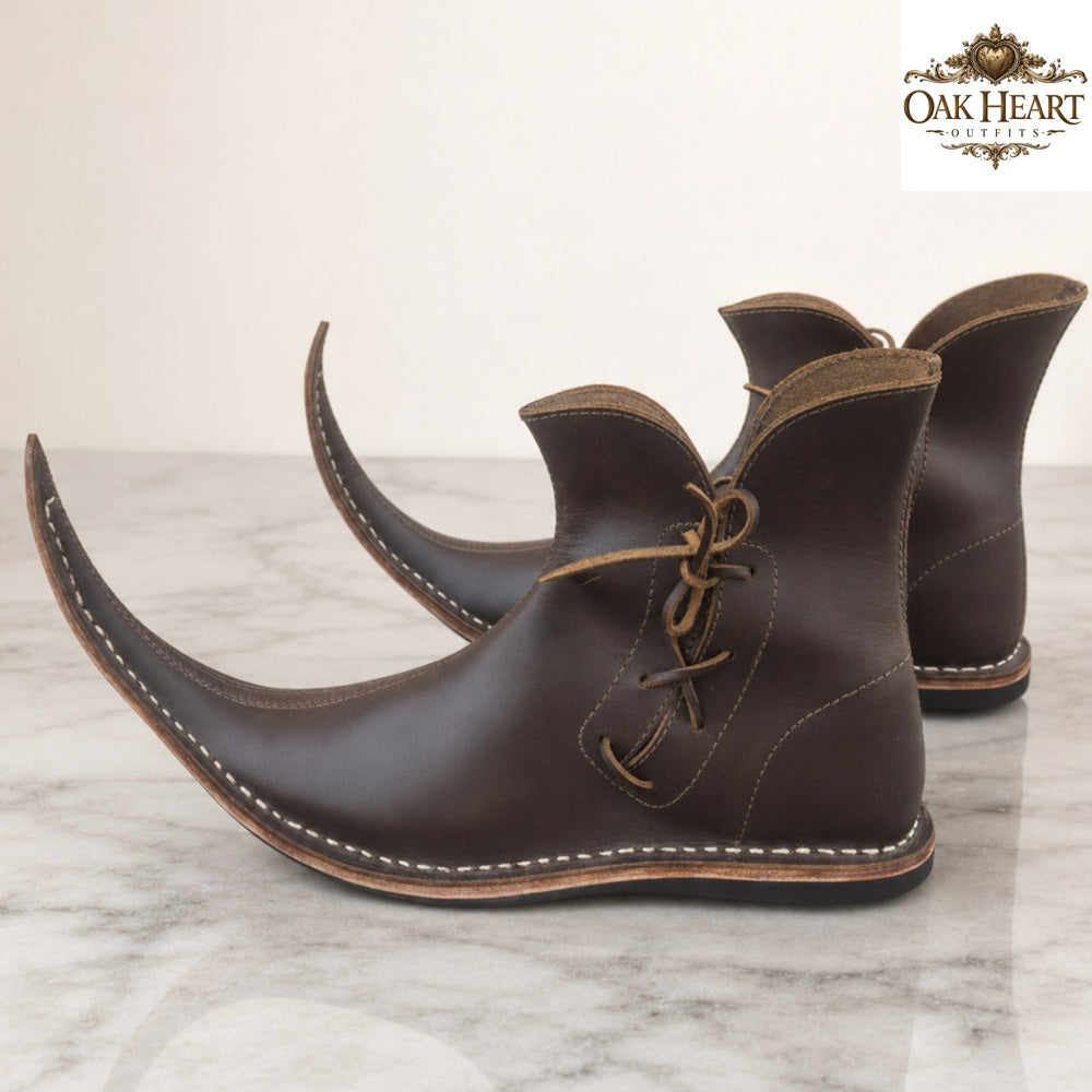 Medieval Curled Toe Leather Boots for Men – Handmade Viking Ankle Shoes, Dark Brown