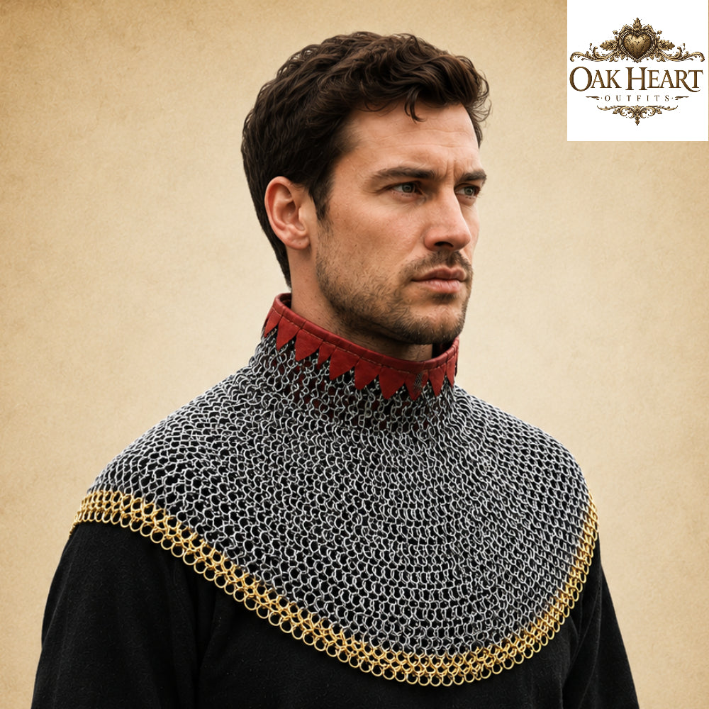 Medieval Chainmail Neck Collar Armor – Flat Riveted & Washer with Brass Accent Rows