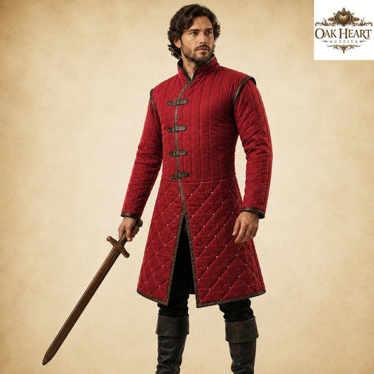 Renaissance Fair Padded Gambeson Armor with Brown Leather Trim | Medieval Quilted Jacket | LARP SCA Ren Faire Easter Gift
