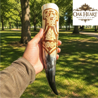 Viking Horn Mug – Hand Carved Valknut & Celtic Knot Mead Drinking Horn
