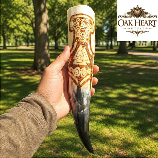 Viking Horn Mug – Hand Carved Valknut & Celtic Knot Mead Drinking Horn