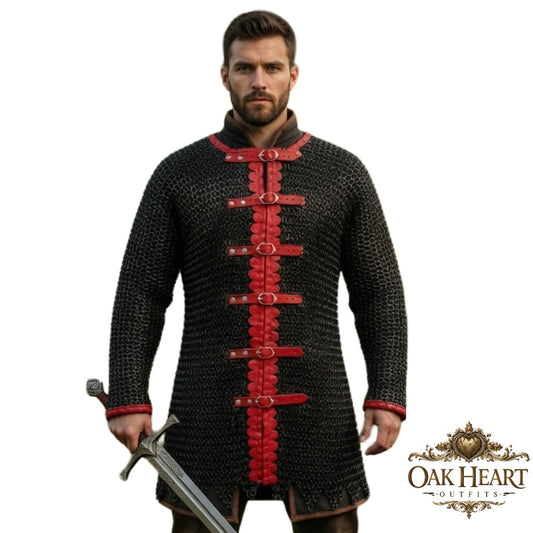 Medieval Black Chainmail Shirt – 10mm Flat Rings, Handmade Aluminum Armor, Zig Zag Border