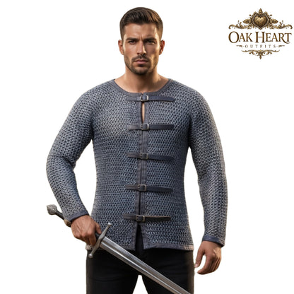 Aluminum Chainmail Hauberk – 16 Gauge 10mm Flat Riveted Armor with Leather Trim