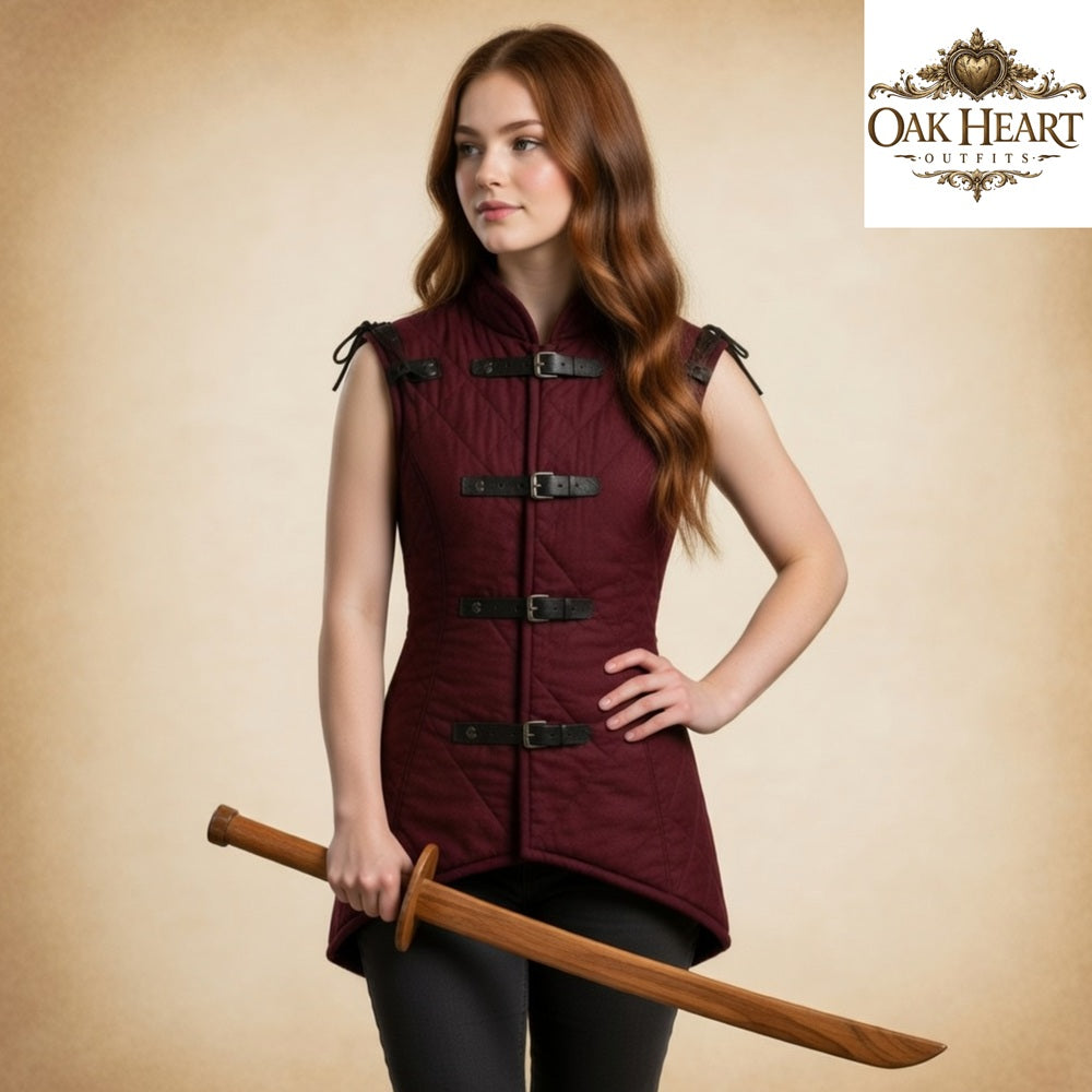 Women's Medieval Quilted Gambeson Vest | Burgundy Padded Armor Vest | LARP Ren Faire Costume