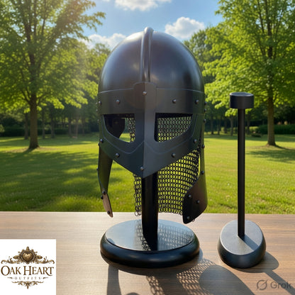 Viking Raven Helmet – Medieval Norman Knight Chainmail Armor with Wooden Display Stand
