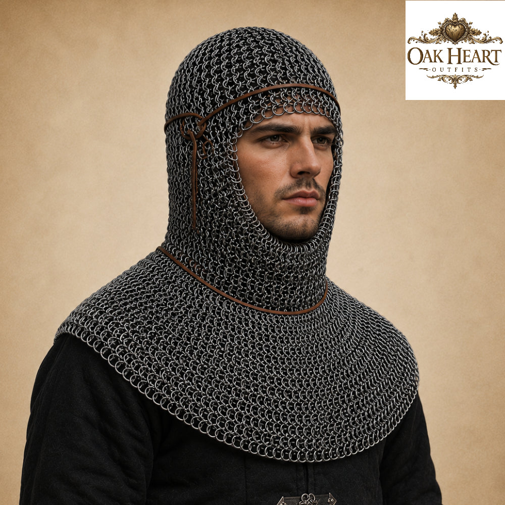9MM Flat Ring Chainmail Coif – Medieval Armor Hood for LARP & Cosplay