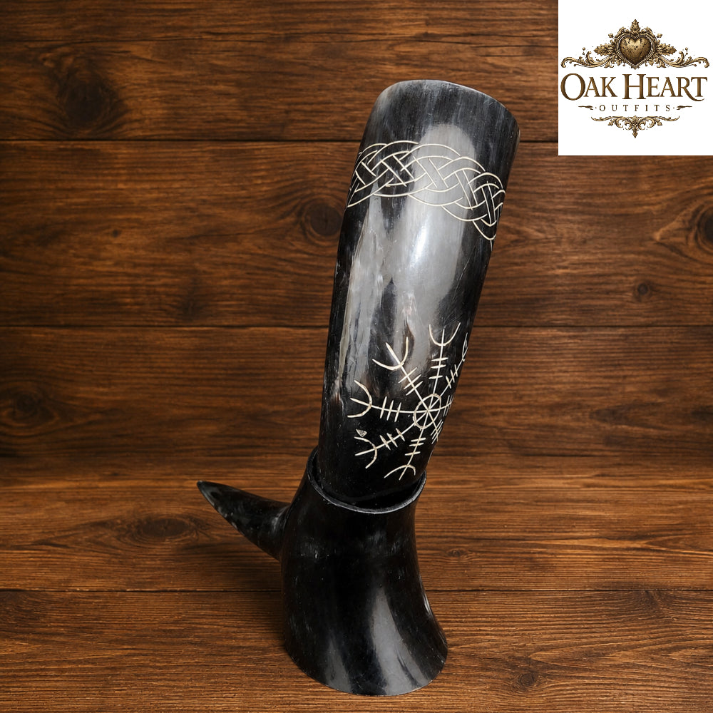 Black Viking Drinking Horn Mug – Traditional Celtic Engraved Mead Cup