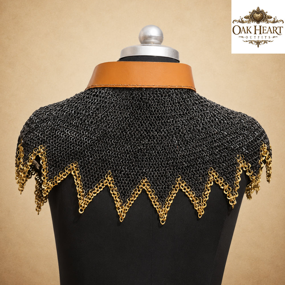 Medieval Chainmail Aventail 9MM Riveted Flat Ring with Brass Trim – Viking Neck Armor Collar