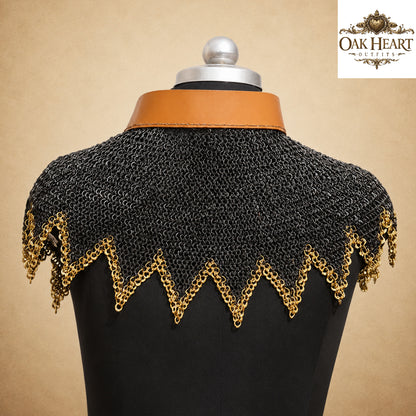 Medieval Chainmail Aventail 9MM Riveted Flat Ring with Brass Trim – Viking Neck Armor Collar