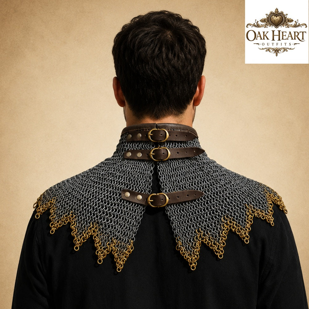 Medieval Chainmail Gorget Collar – Flat Riveted Rings with 3 Brass Rows