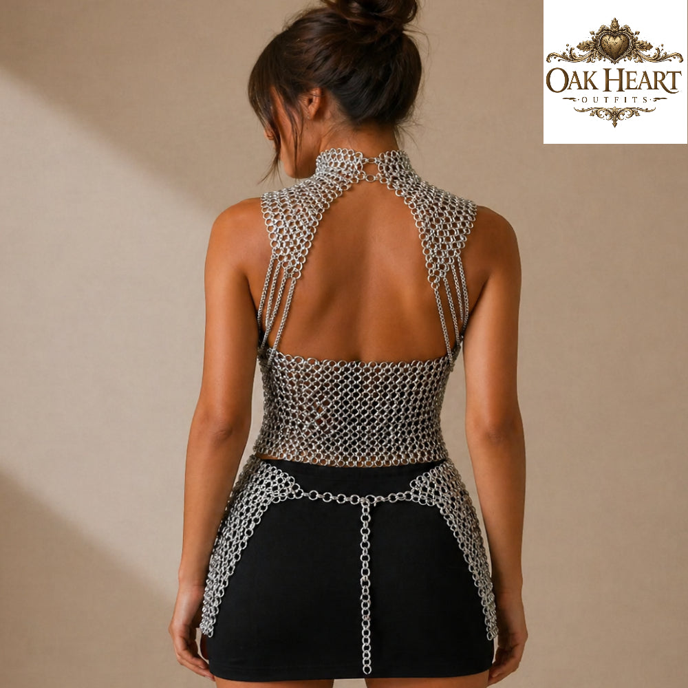 Anodized Aluminum Chainmail Top & Skirt with Corset Belt – Ren Faire Female Cosplay Costume