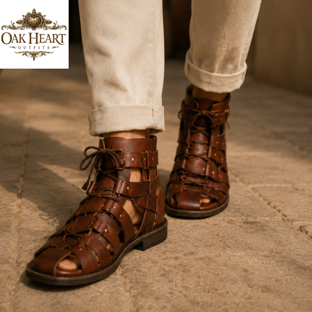 Handcrafted Roman Gladiator Sandals for Men | Brown Leather Lace-Up Caligae Boots