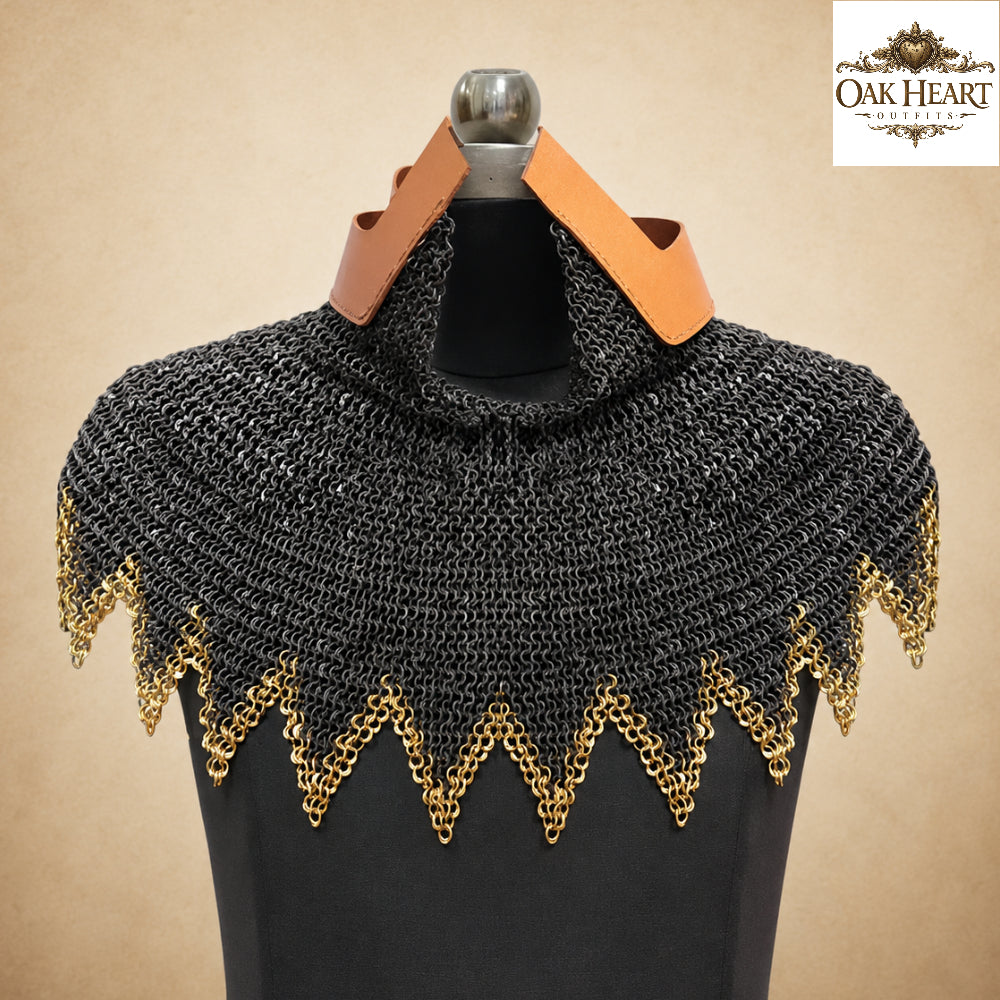 Medieval Chainmail Aventail 9MM Riveted Flat Ring with Brass Trim – Viking Neck Armor Collar