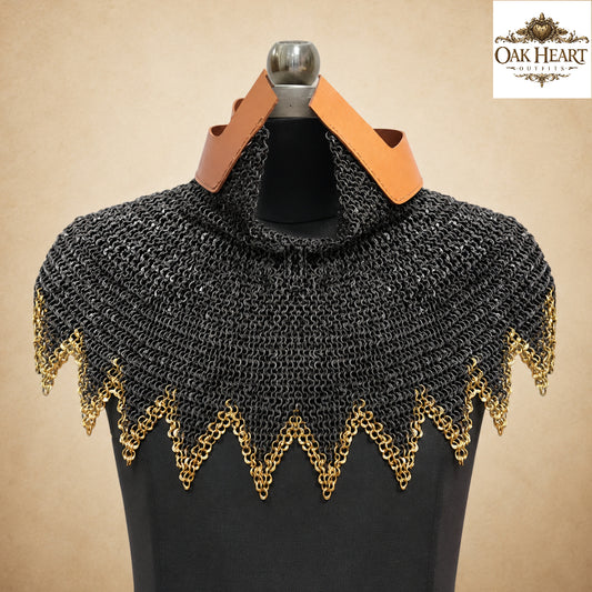 Medieval Chainmail Aventail 9MM Riveted Flat Ring with Brass Trim – Viking Neck Armor Collar