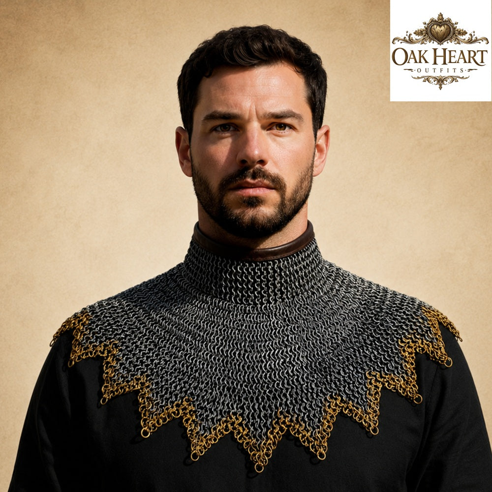 Medieval Chainmail Gorget Collar – Flat Riveted Rings with 3 Brass Rows
