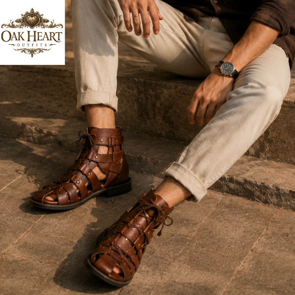 Handcrafted Roman Gladiator Sandals for Men | Brown Leather Lace-Up Caligae Boots