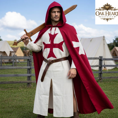 Medieval Knight Templar Cotton Tunic – Hooded Renaissance Costume for Halloween