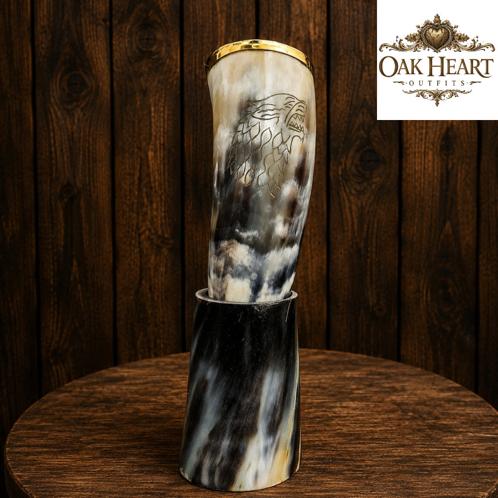 Engraved Viking Horn Cup with Holder – Medieval Rustic Barware Gift