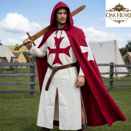 Medieval Knight Templar Cotton Tunic – Hooded Renaissance Costume for Halloween