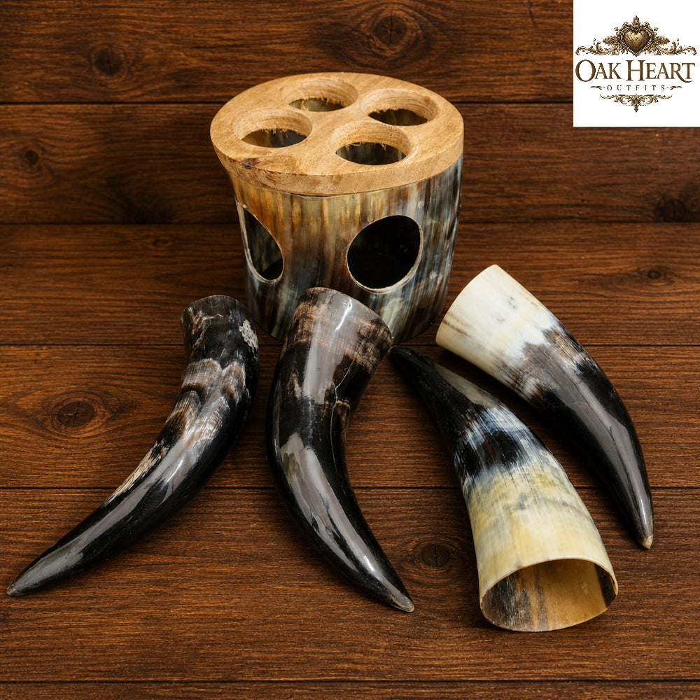 Viking Horn Shot Glass Set with Holder – Natural Handmade Mead Cups