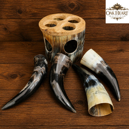 Viking Horn Shot Glass Set with Holder – Natural Handmade Mead Cups