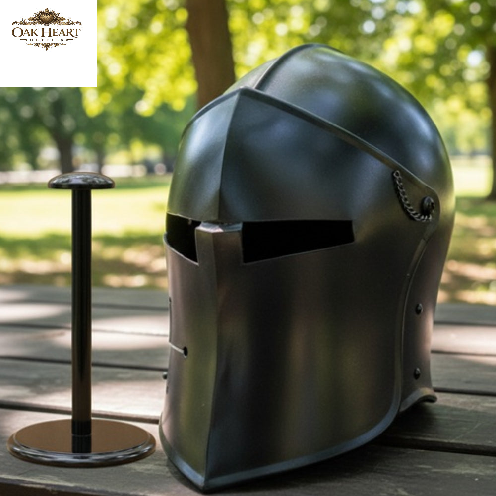 Medieval Knight Black Barbute Helmet – Functional Visor Armor Helm with  Display Stand