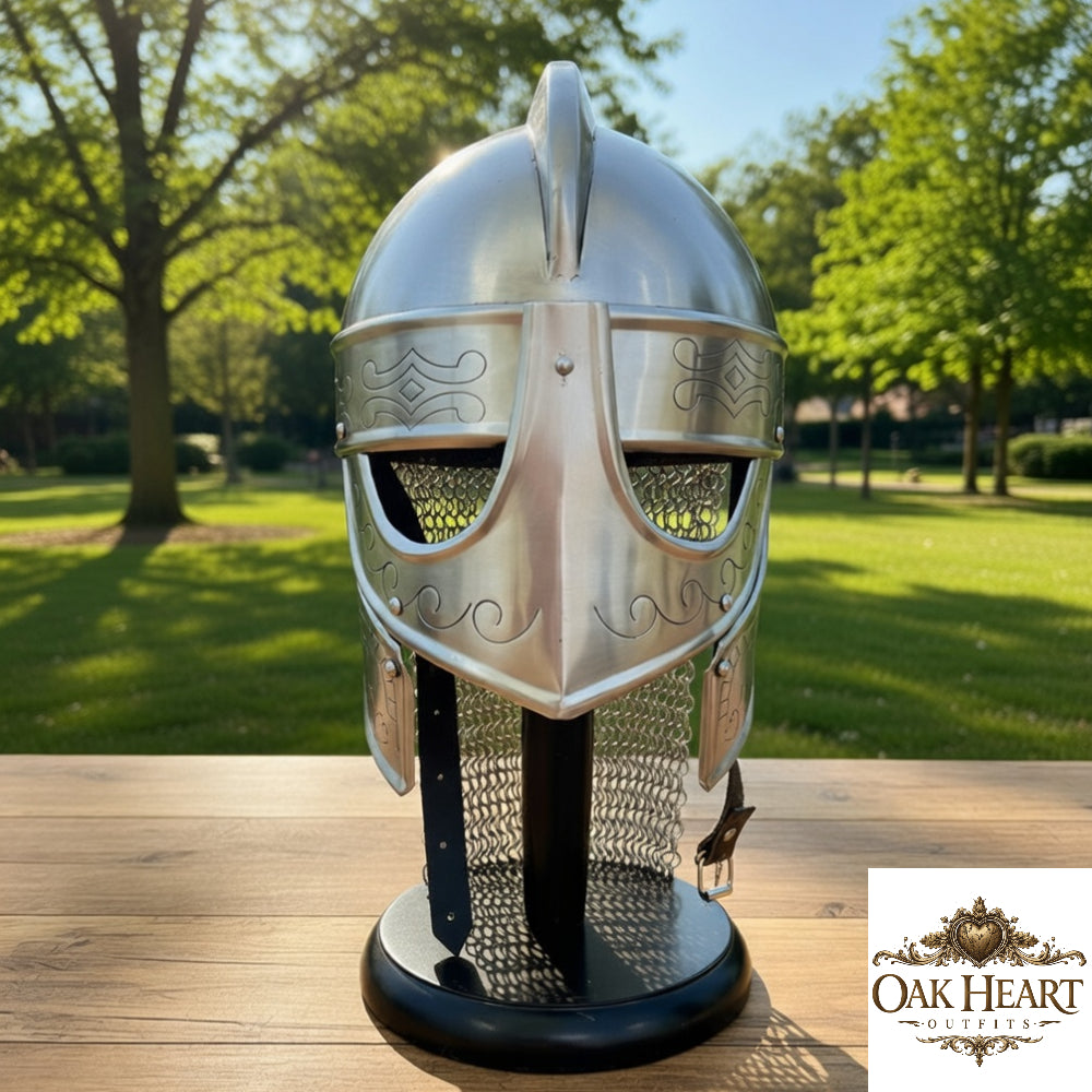 Medieval Knight Horse Helmet – Viking Queen Chainmail Armor with Display Stand