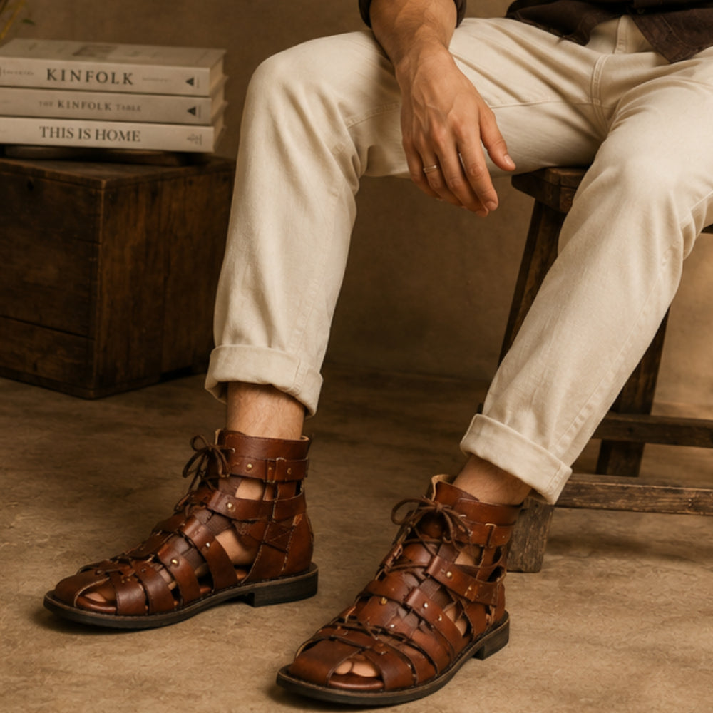 Handcrafted Roman Gladiator Sandals for Men | Brown Leather Lace-Up Caligae Boots