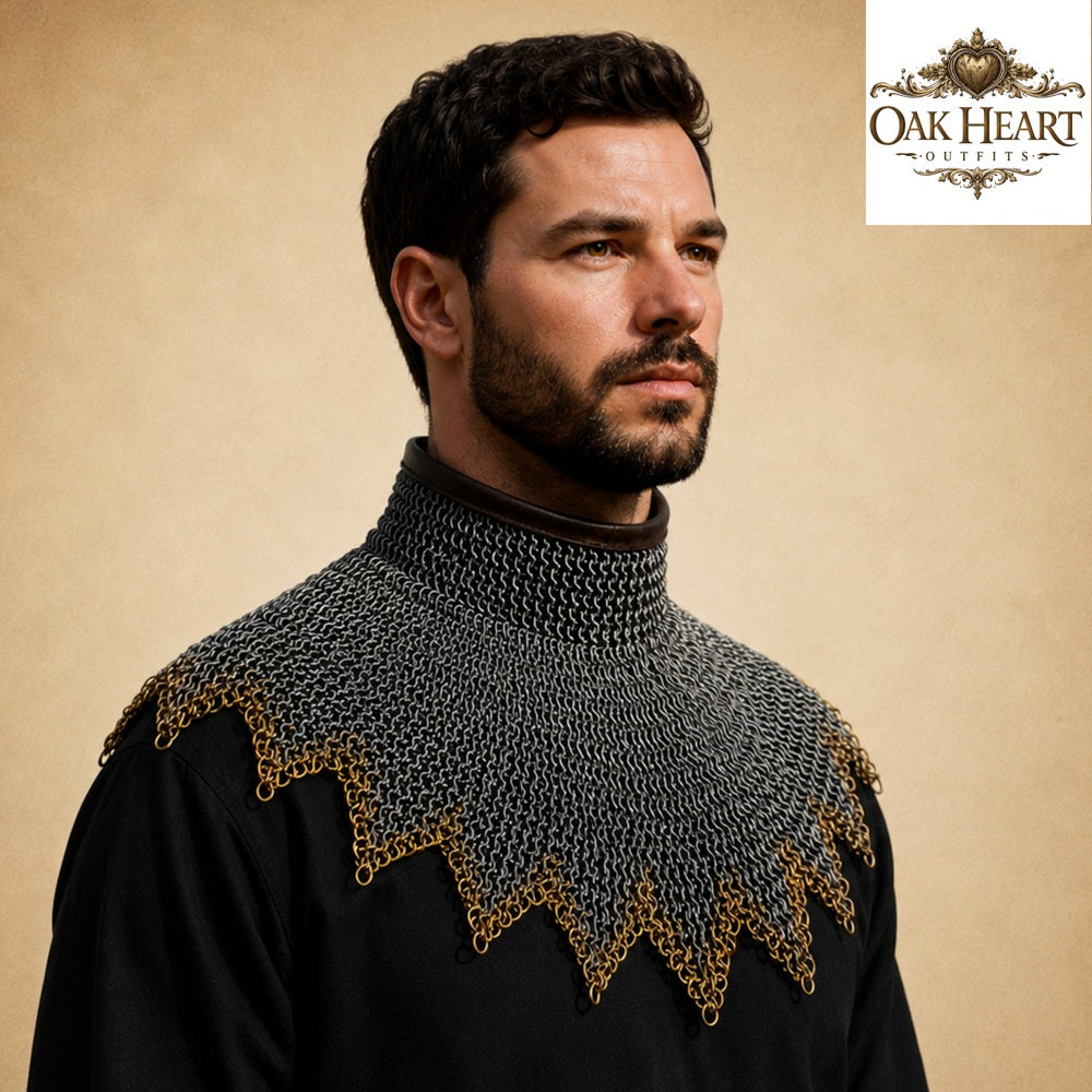 Medieval Chainmail Gorget Collar – Flat Riveted Rings with 3 Brass Rows