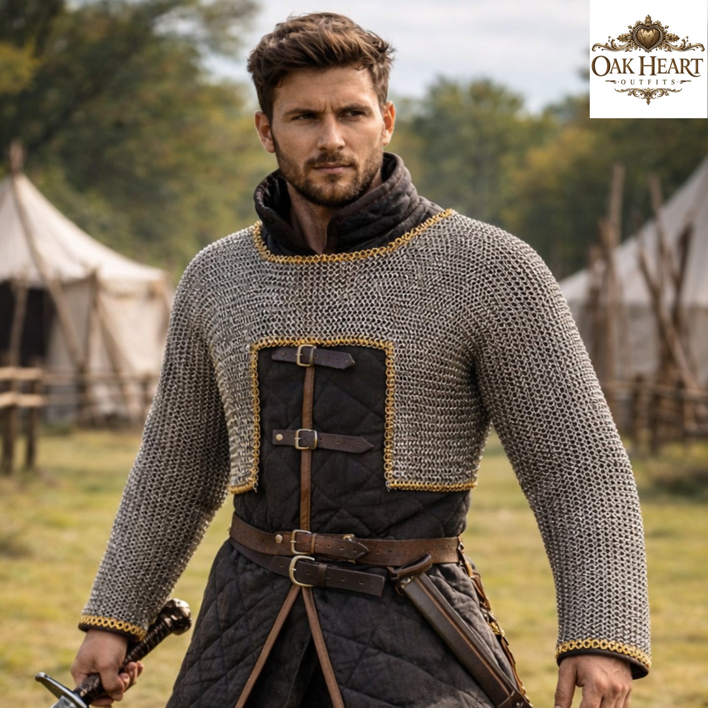 Medieval Chainmail Shirt 9mm Steel Flat Riveted Rings Half Body Armor Brass Trim