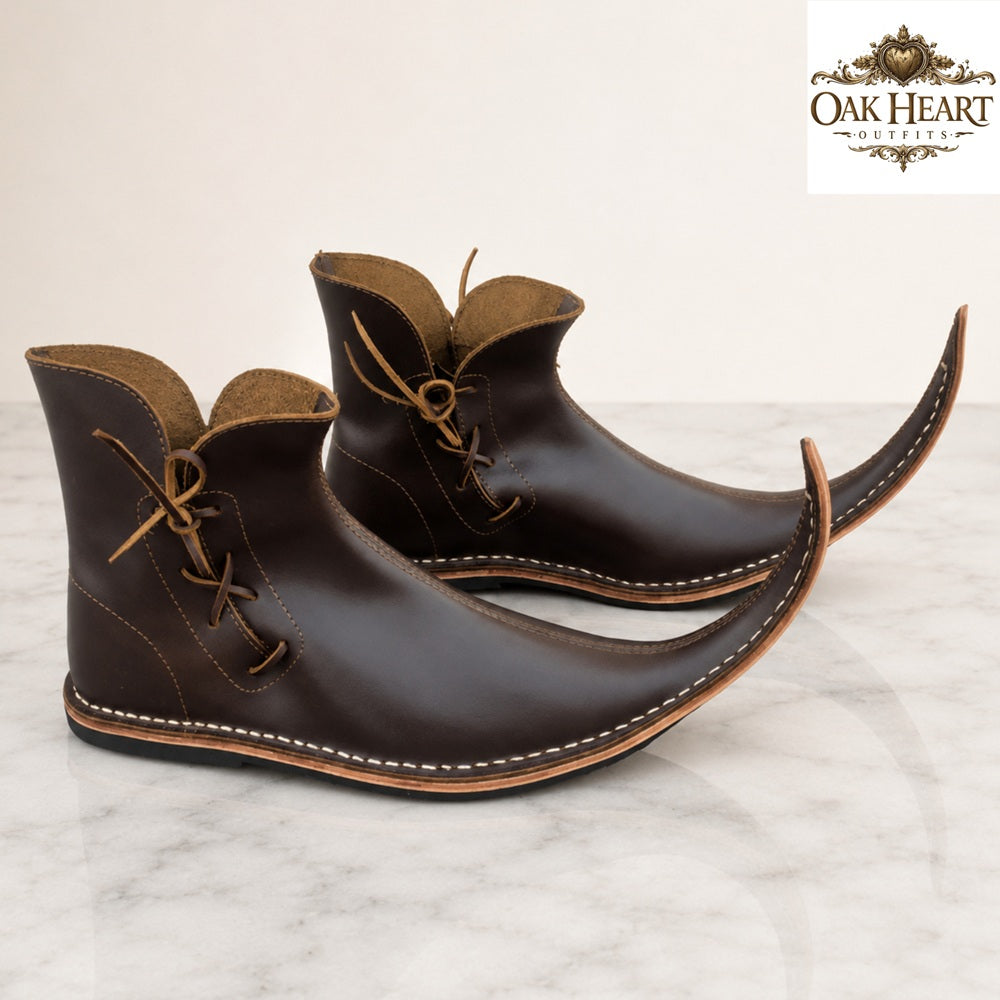Medieval Curled Toe Leather Boots for Men – Handmade Viking Ankle Shoes, Dark Brown