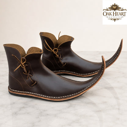 Medieval Curled Toe Leather Boots for Men – Handmade Viking Ankle Shoes, Dark Brown