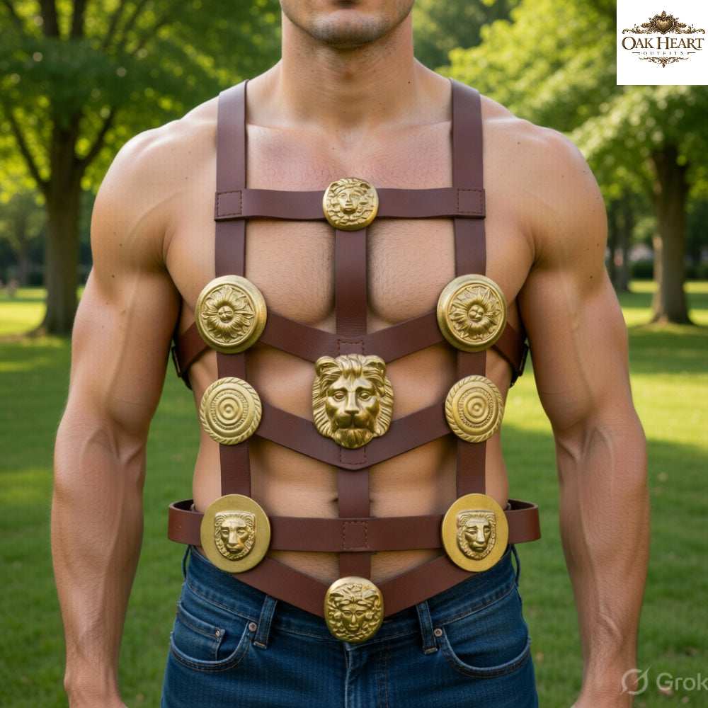 Ancient Roman Phalera Leather Belt with Brass Details