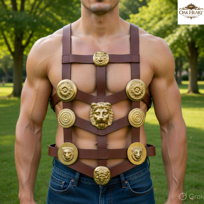 Ancient Roman Phalera Leather Belt with Brass Details