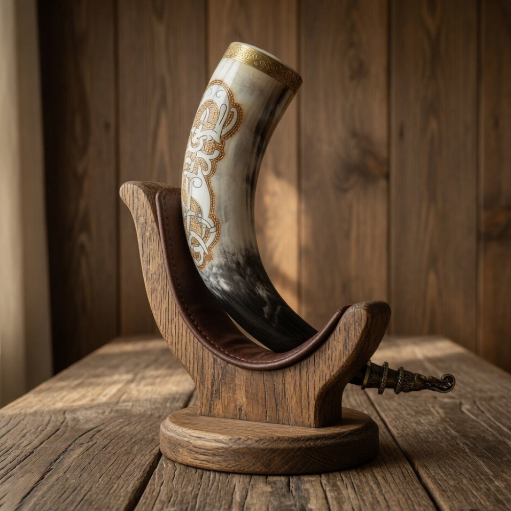 Handcrafted Viking Horn Mug with Brass Tip – Engraved Medieval Drinking Horn for LARP & Gifts