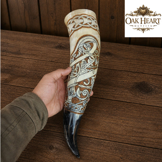 Celtic Engraved Viking Drinking Horn – Handcrafted Natural Horn Mug for LARP & Cosplay