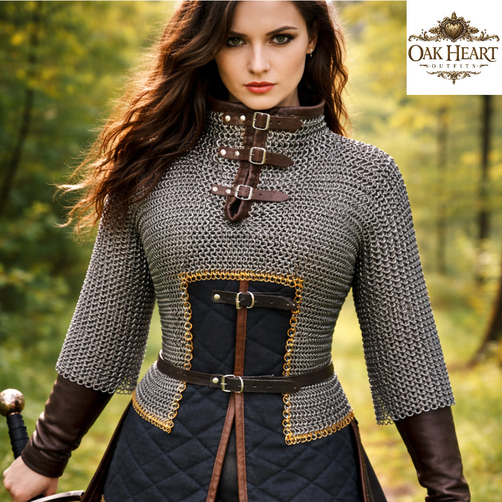 Medieval 9MM Chainmail Half Hauberk – Flat Riveted Armor with Brass Trim