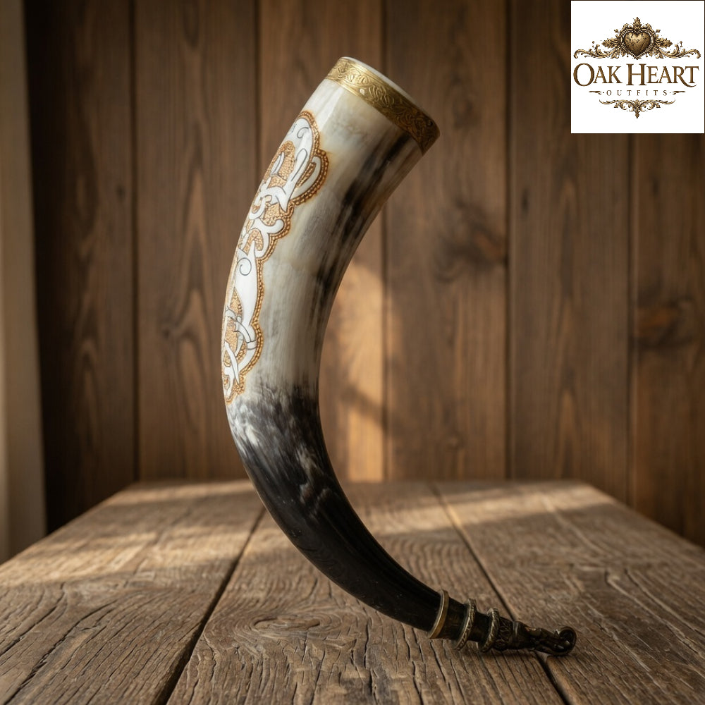 Handcrafted Viking Horn Mug with Brass Tip – Engraved Medieval Drinking Horn for LARP & Gifts