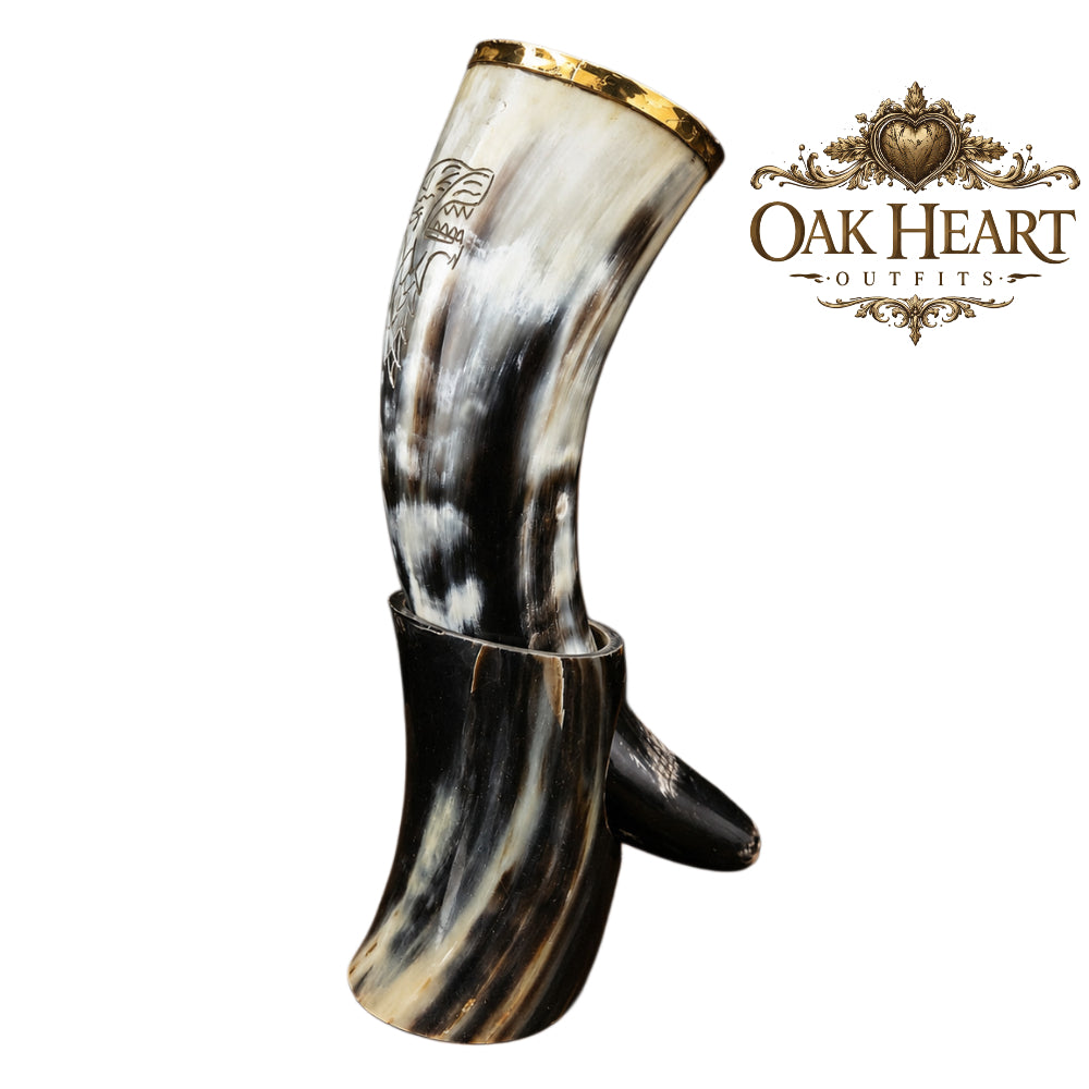 Engraved Viking Horn Cup with Holder – Medieval Rustic Barware Gift