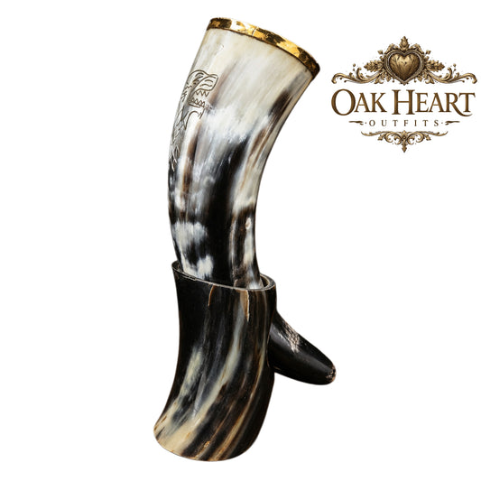 Engraved Viking Horn Cup with Holder – Medieval Rustic Barware Gift