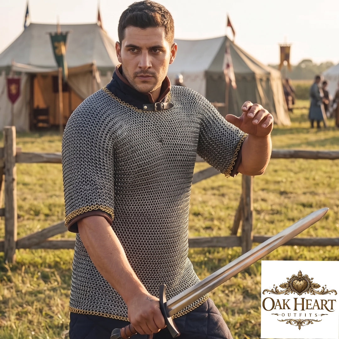 Medieval 9mm Round Riveted Chainmail Hauberk, Riveted Mild Steel Armor, Brass Trim, Half Sleeve Warrior Shirt