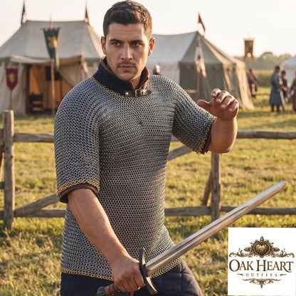 Medieval 9mm Round Riveted Chainmail Hauberk, Riveted Mild Steel Armor, Brass Trim, Half Sleeve Warrior Shirt