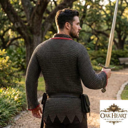 Medieval Black Chainmail Shirt – 10mm Flat Rings, Handmade Aluminum Armor, Zig Zag Border