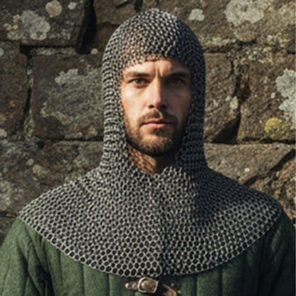Medieval 9mm Round Riveted Chainmail Hauberk, Riveted Mild Steel Armor, Brass Trim, Half Sleeve Warrior Shirt