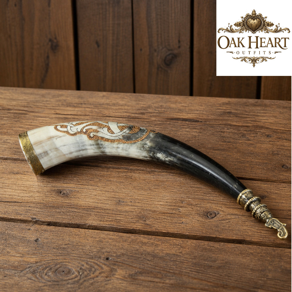 Handcrafted Viking Horn Mug with Brass Tip – Engraved Medieval Drinking Horn for LARP & Gifts
