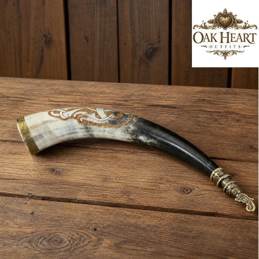 Handcrafted Viking Horn Mug with Brass Tip – Engraved Medieval Drinking Horn for LARP & Gifts