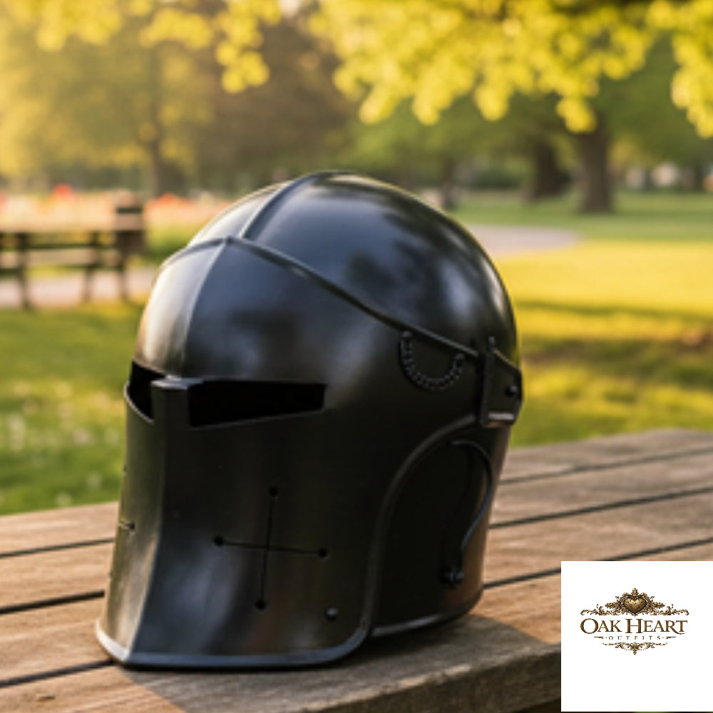 Medieval Knight Black Barbute Helmet – Functional Visor Armor Helm with  Display Stand
