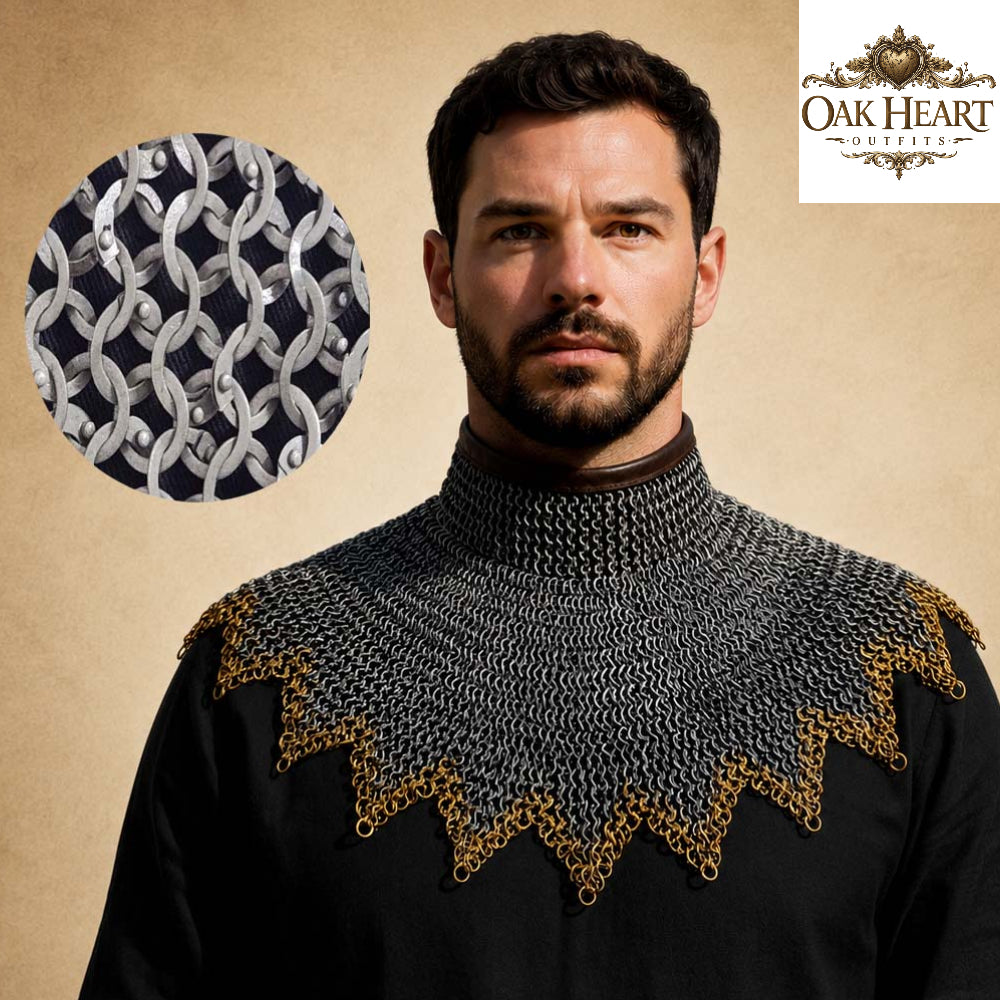 Medieval Chainmail Gorget Collar – Flat Riveted Rings with 3 Brass Rows